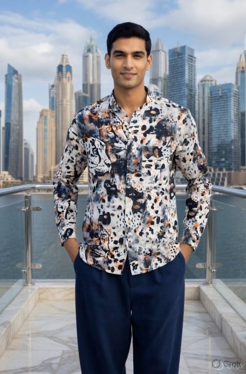 Indigo Leopard Stand Collar Shirt